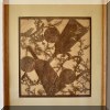 A09. FFramed Japanese katagami kimono fabric stencils.